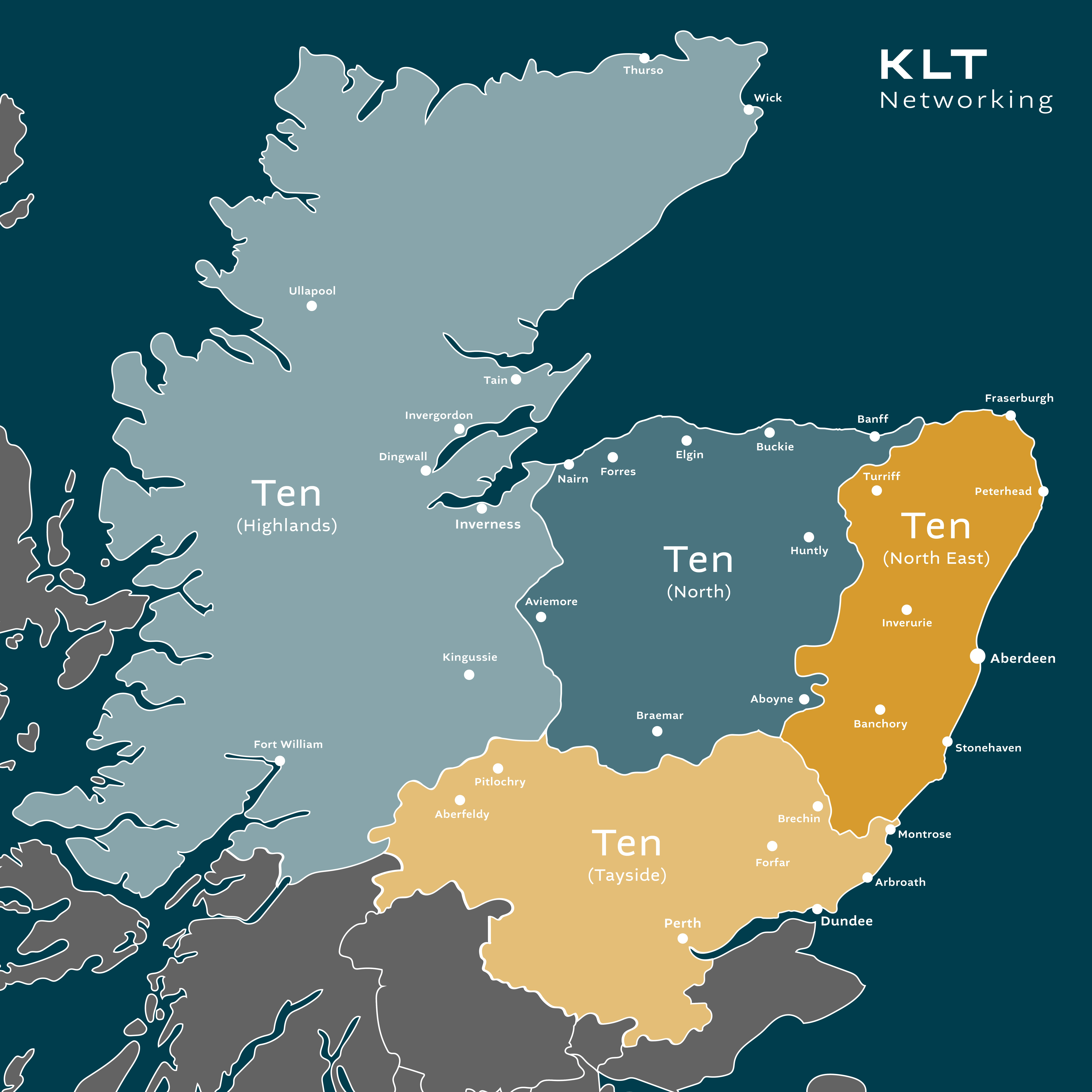 Map showing Ten Sales Intel Group coverage areas across the Highlands, North, North East and Tayside regions of Scotland